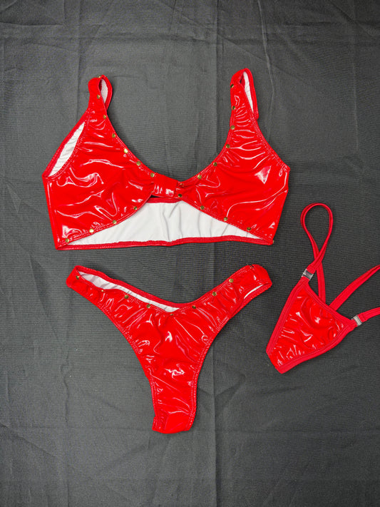 Red Latex Sports Bra/Cheeky Thong Two-Piece Lingerie Outfit