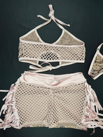 Cheetah Animal Print Spandex/Fishnet Fringe Sports Bra/Shorts Two-Piece Lingerie Outfit