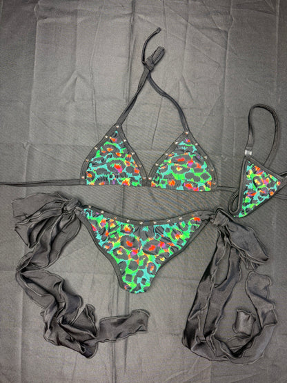 Green Cheetah Print/Black Spandex Two-Piece Bikini Lingerie Outfit