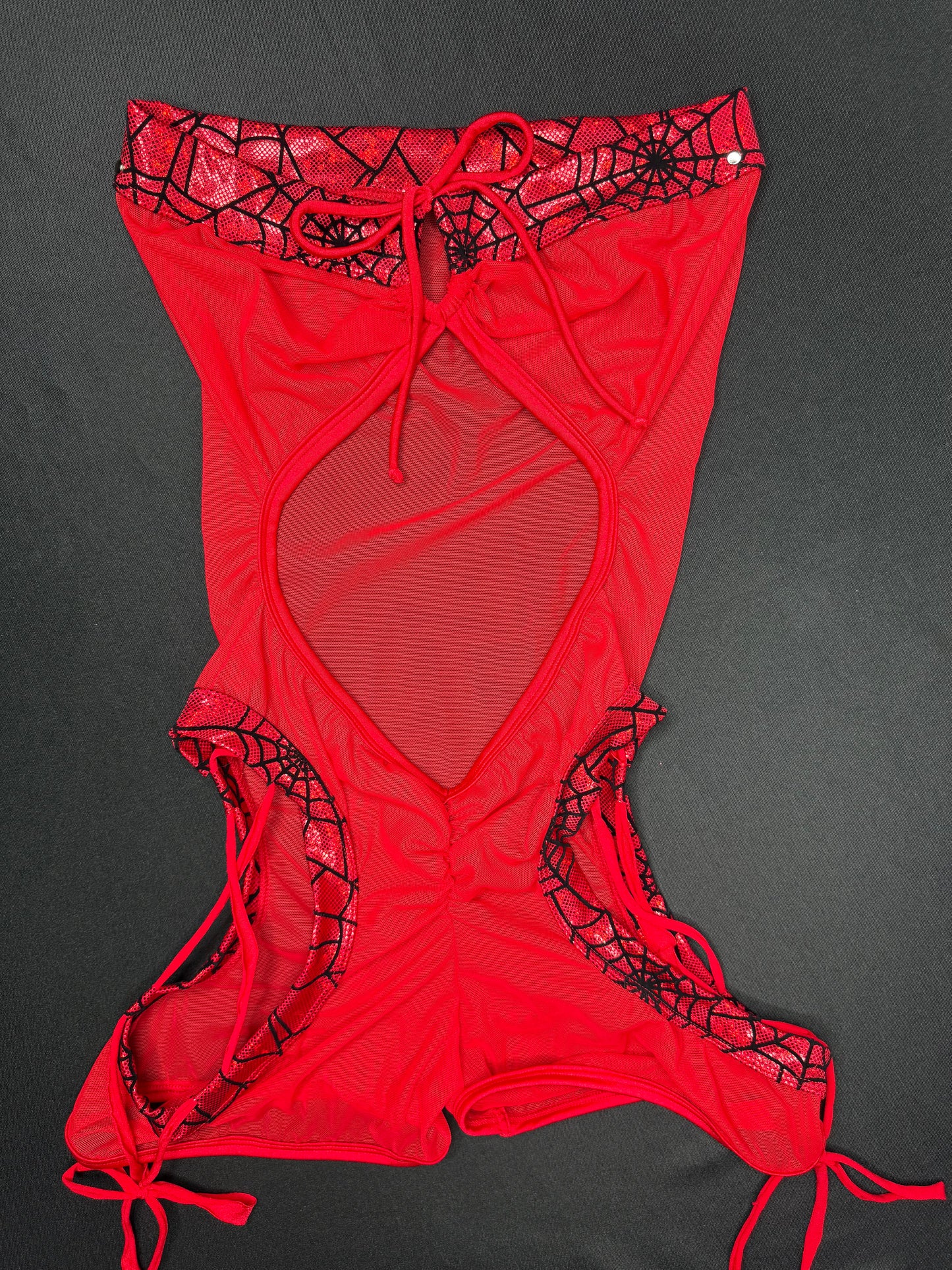 Red Web Nylon/Spandex Red Mesh One-Piece Cheeky Thong Lingerie Outfit
