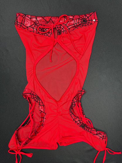 Red Web Nylon/Spandex Red Mesh One-Piece Cheeky Thong Lingerie Outfit