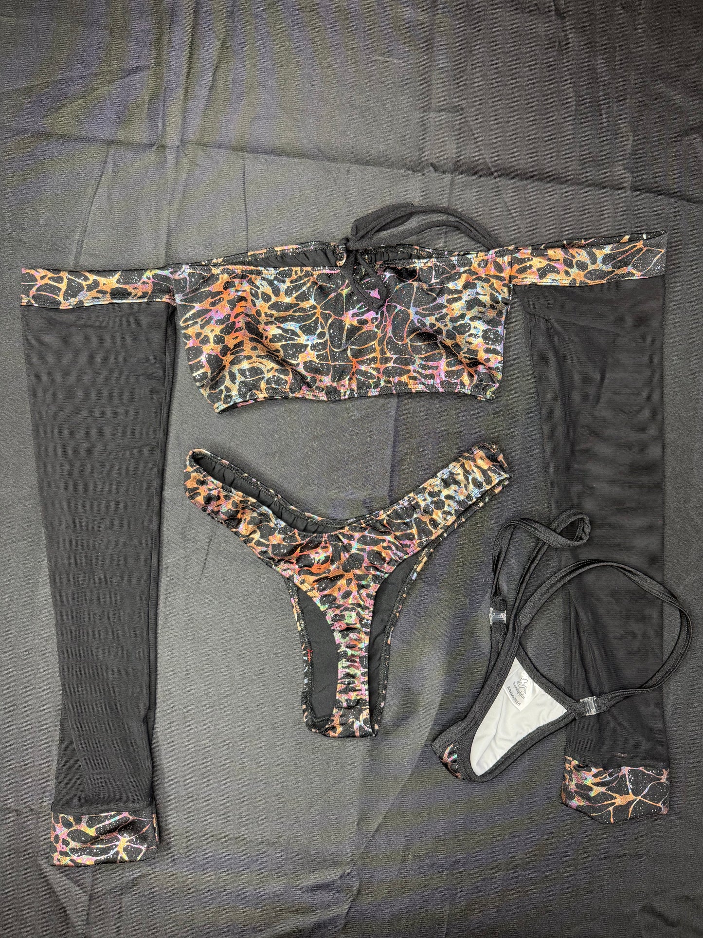 Black Mesh/Silver Spandex Cheeky Thong/Long Sleeve Tube-Top Two-Piece Outfit