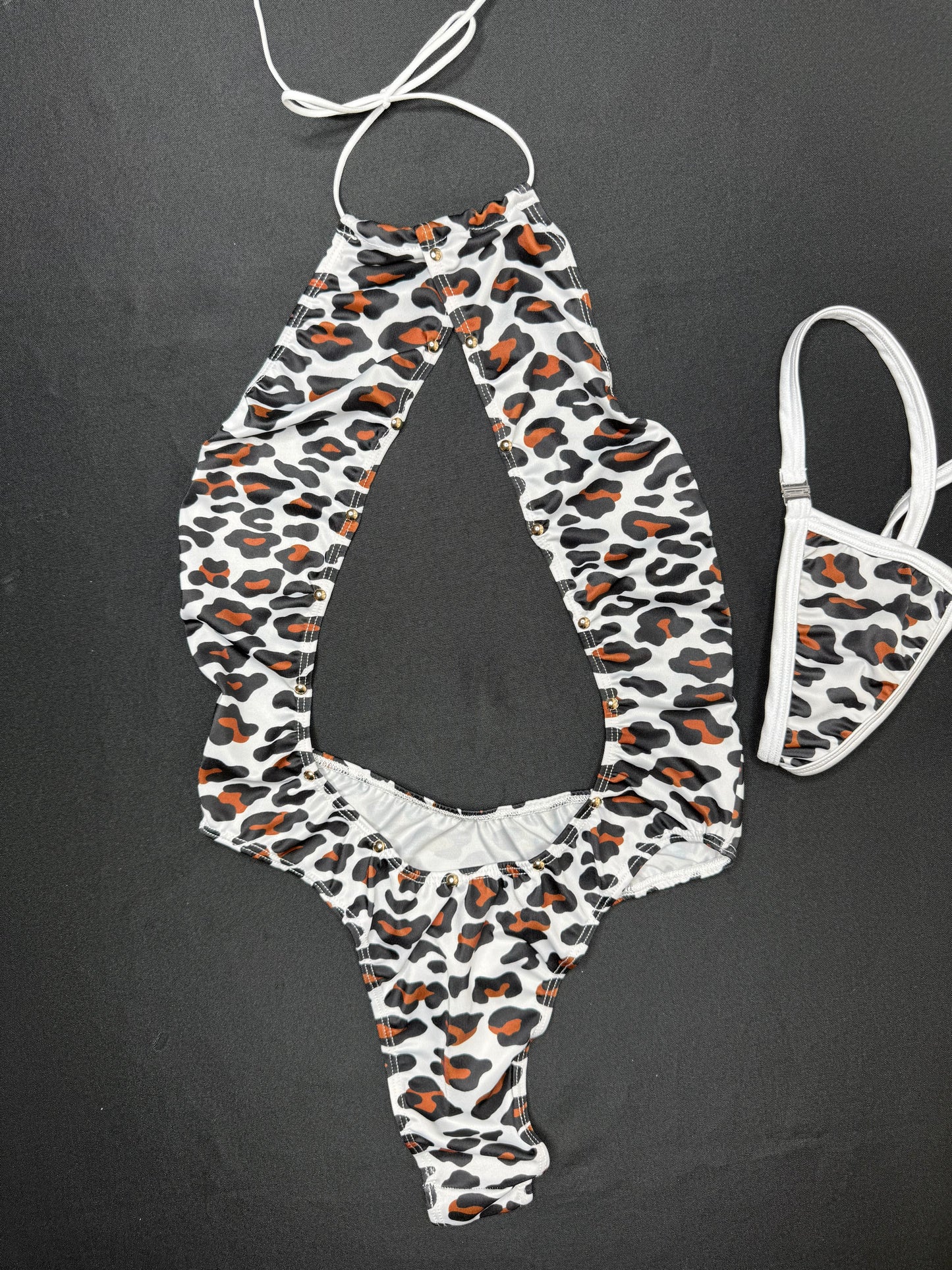 White/Brown Animal Print One-Piece Lingerie Outfit