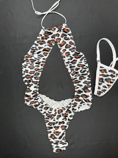 White/Brown Animal Print One-Piece Lingerie Outfit