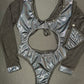 Metallic Black/Black Mesh One-Piece Leotard Exotic Dancer Outfit