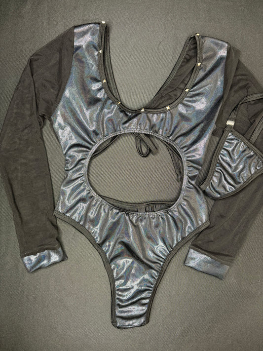 Metallic Black/Black Mesh One-Piece Leotard Exotic Dancer Outfit