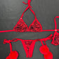 Red/Black Web Print Red Fur Two-Piece Side-Tie Bikini Lingerie Outfit