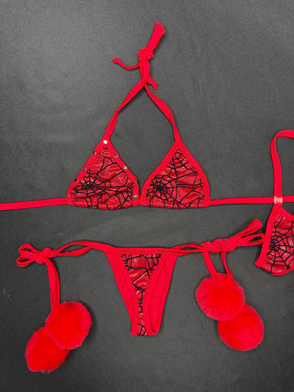 Red/Black Web Print Red Fur Two-Piece Side-Tie Bikini Lingerie Outfit