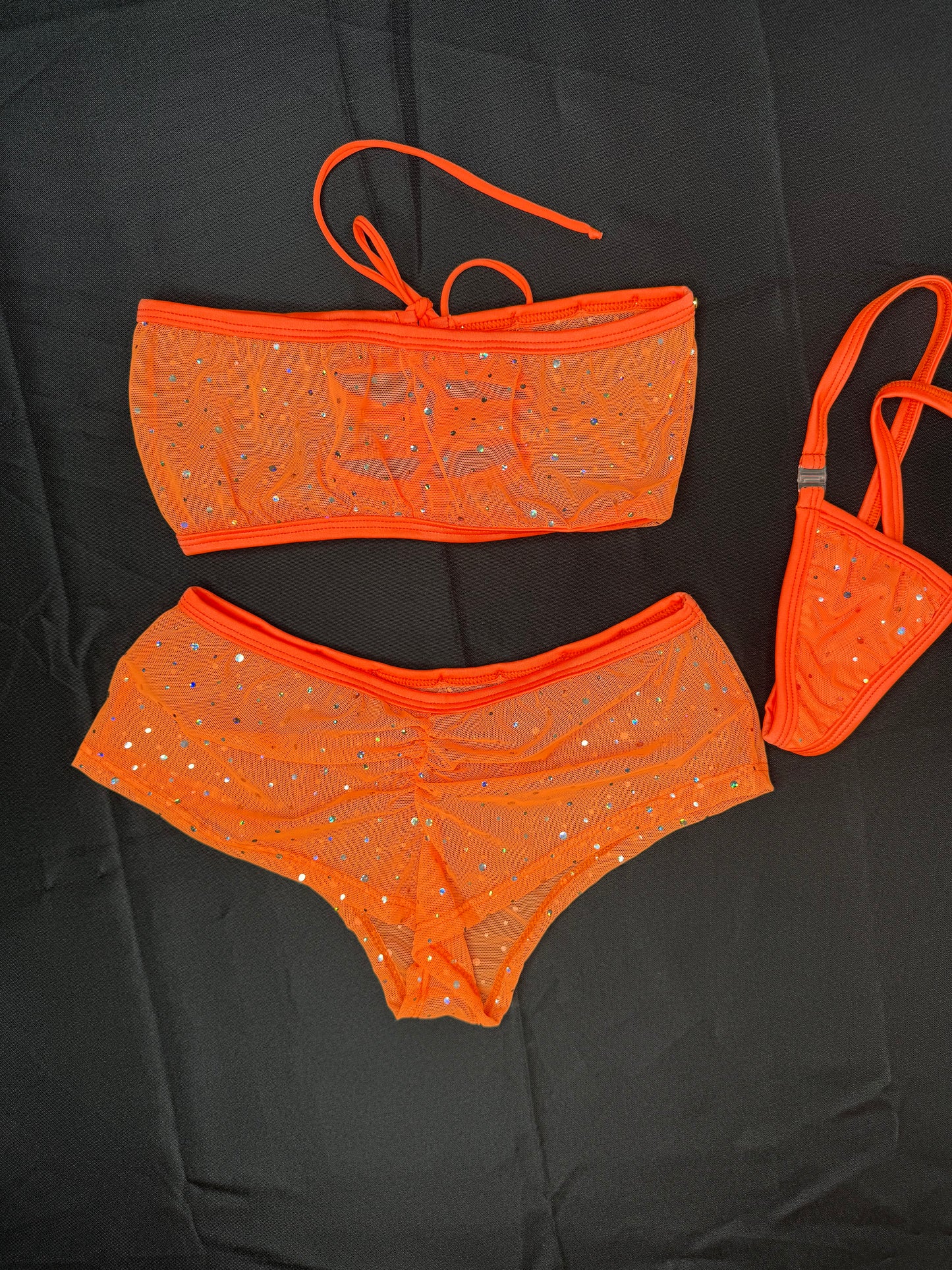 Orange Mesh Tube Top/Shorts Two-Piece Lingerie Outfit