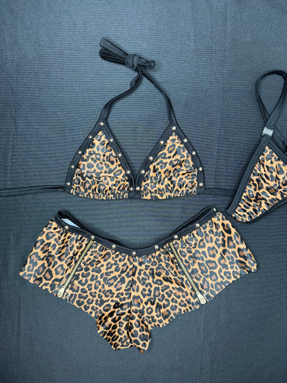 Cheetah Animal Print Bikini Top/Zipper Shorts Two-Piece Lingerie Outfit