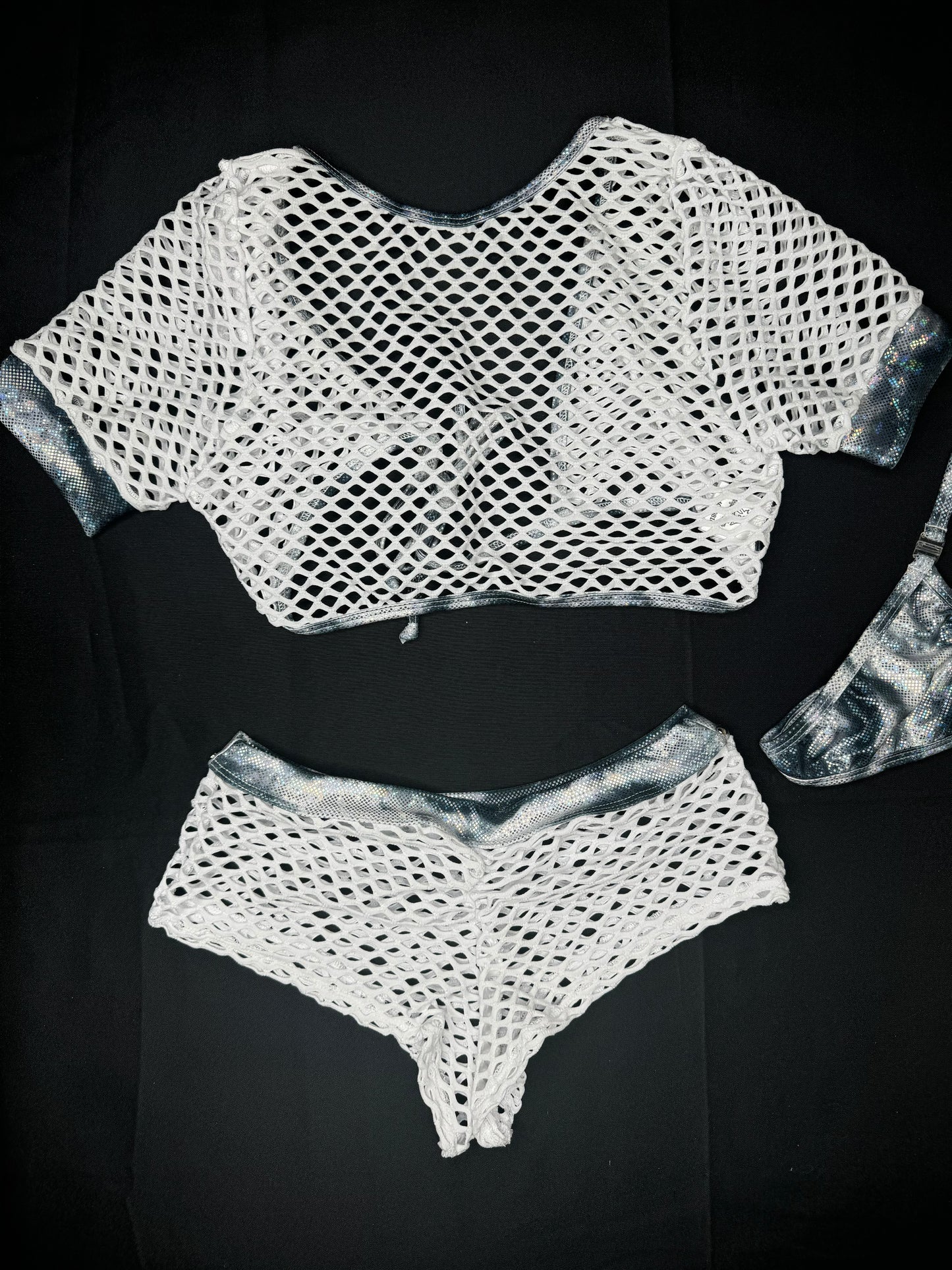 Metallic White/Blue Spandex/White Fishnet Two-Piece Lingerie Outfit