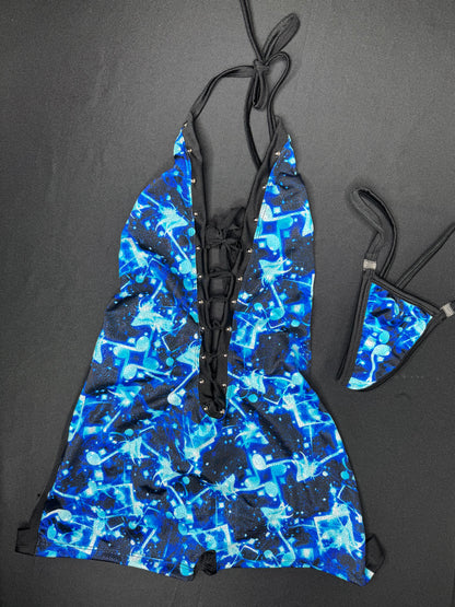 Blue/Black Spandex One-Piece Ripped Back Lingerie Outfit