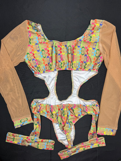 Nude Mesh/Designer Spandex One-Piece Romper/Garters Lingerie Outfit