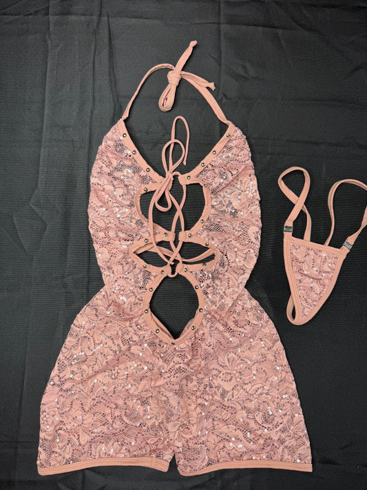 Blush Sparkle Lace One-Piece Lingerie Outfit