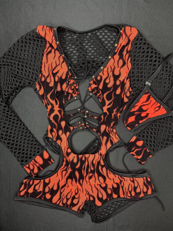 Orange Mesh/Black Fishnet One-Piece Romper Lingerie Outfit ...