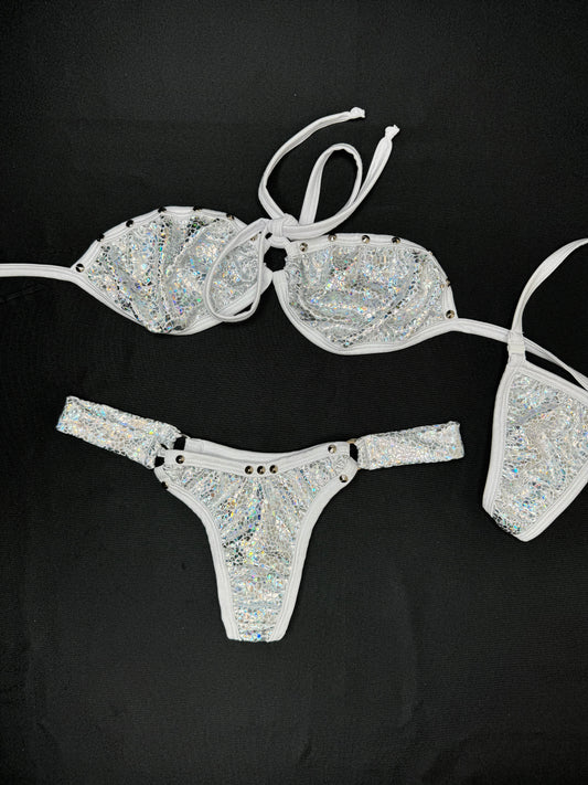 Metallic White Two-Piece Bikini Lingerie Outfit