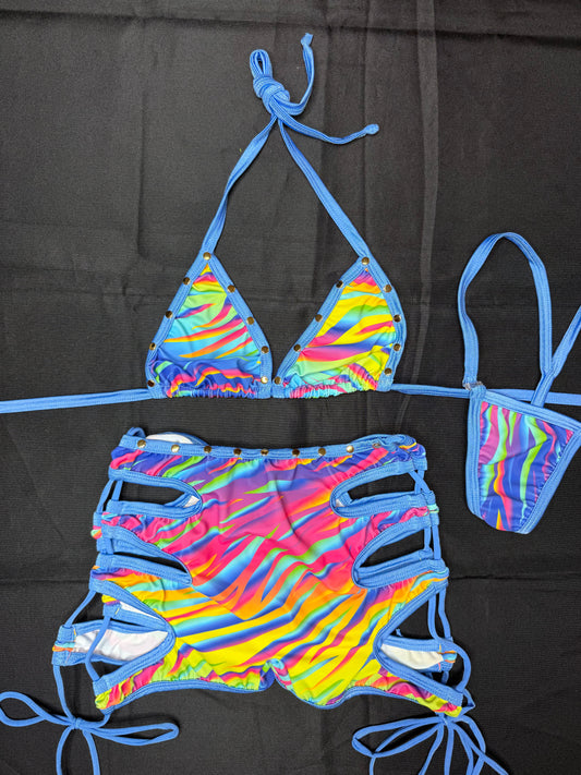 Pastel Rainbow Swirl Print/Baby Blue Spandex Bikini Top/Shorts Two-Piece Lingerie Outfit