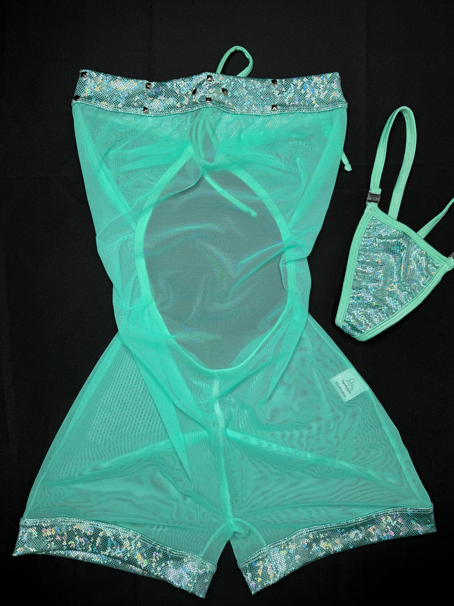 Metallic Mint/Mint Mesh One-Piece Exotic Dance Wear Outfit