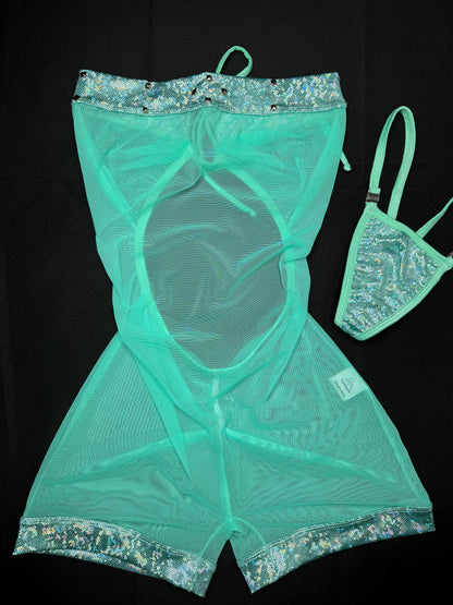 Metallic Mint/Mint Mesh One-Piece Exotic Dance Wear Outfit