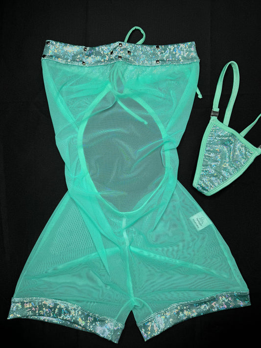 Metallic Mint/Mint Mesh One-Piece Exotic Dance Wear Outfit