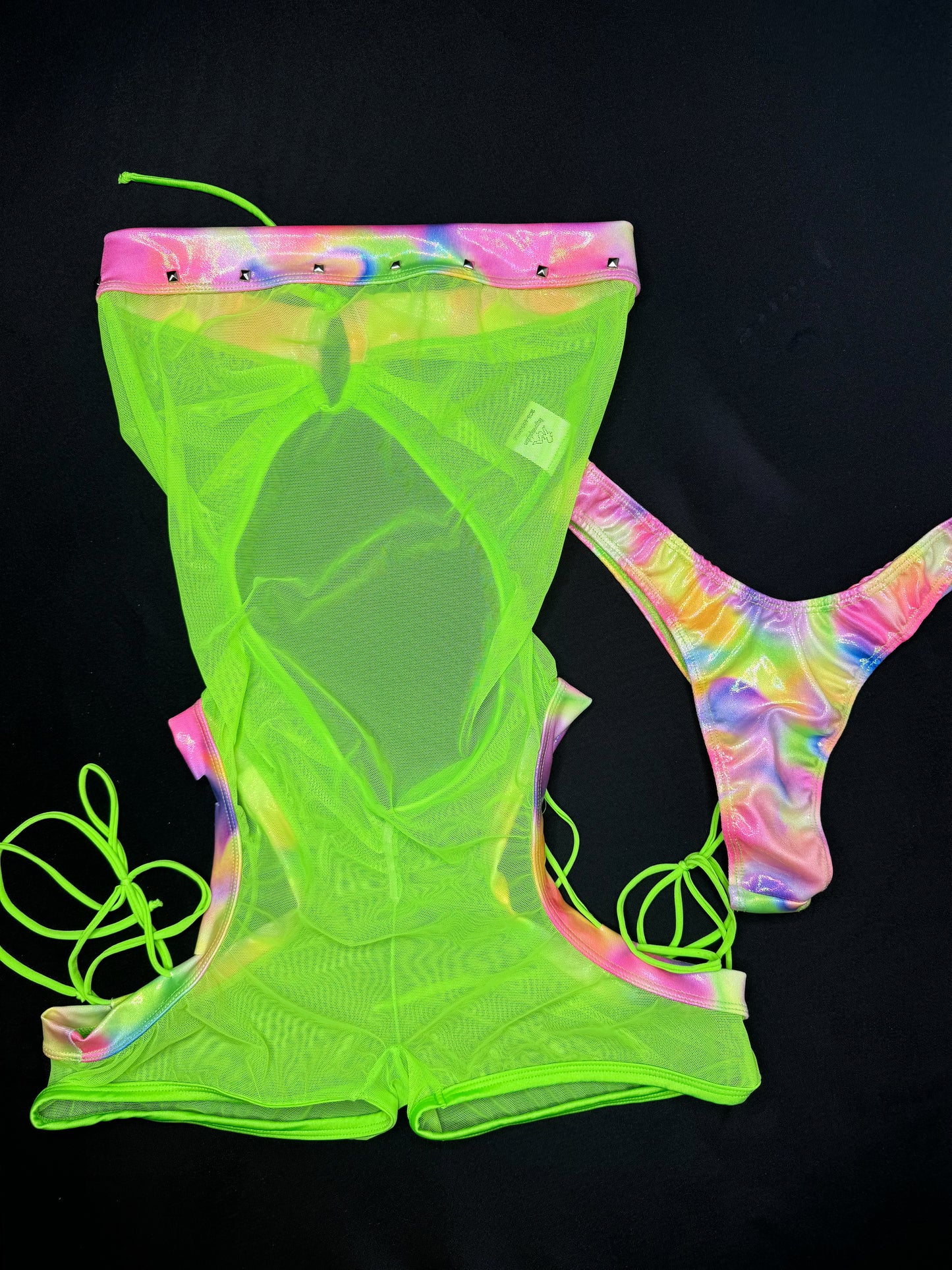 Rainbow Spandex/Neon Mesh One-Piece Lingerie Outfit with Cheekie Thong Lingerie Outfit
