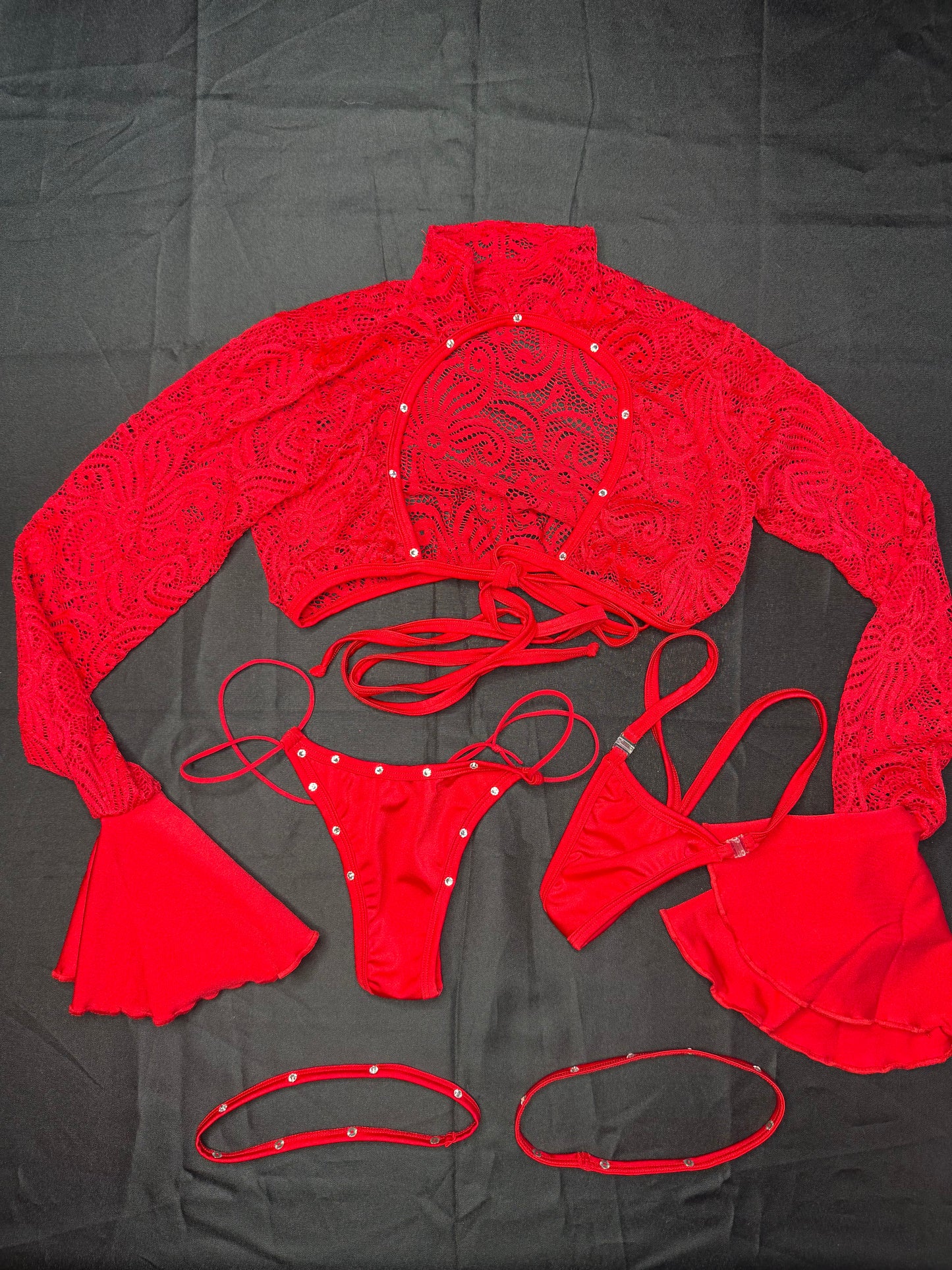 Red Lace Long Sleeve Fringe Two-Piece Lingerie Outfit