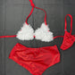 Red Metallic Spandex/White Fur Three-Piece Shorts/Bikini Top with Hat