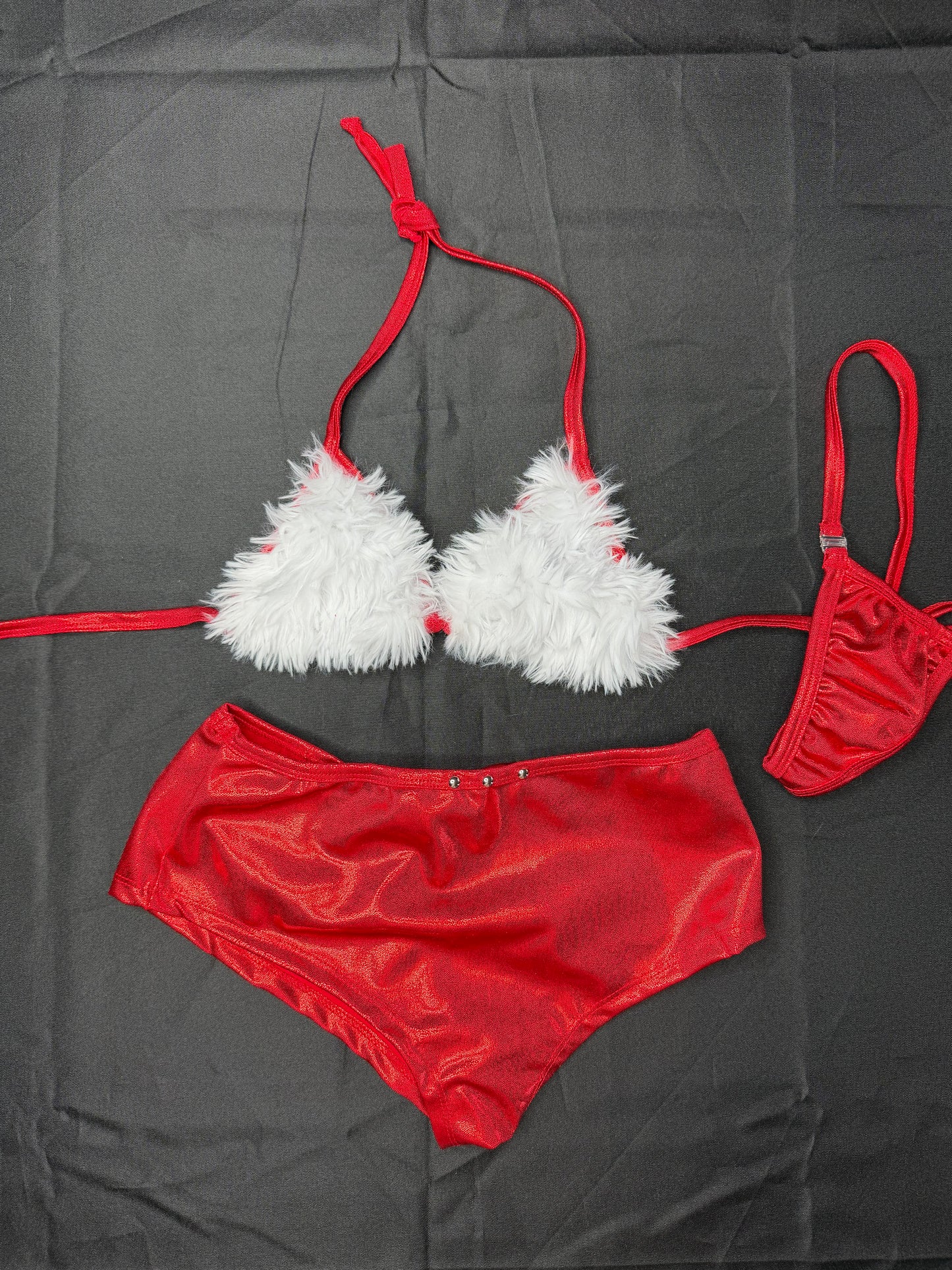 Red Metallic Spandex/White Fur Three-Piece Shorts/Bikini Top with Hat
