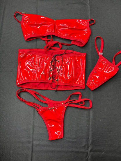 Red Latex Three-Piece Dominatrix Stripper Outfit