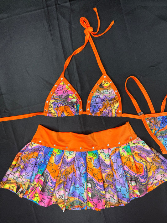 Orange/Tie Dye Designer SpandexTwo-Piece Skirt Lingerie Outfit
