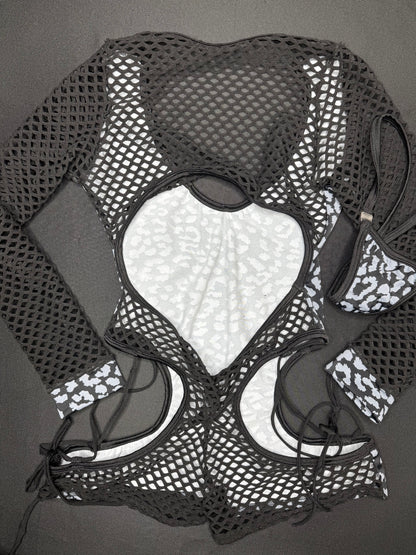 Black/Grey Spandex One-Piece Cheetah Print Lingerie Outfit