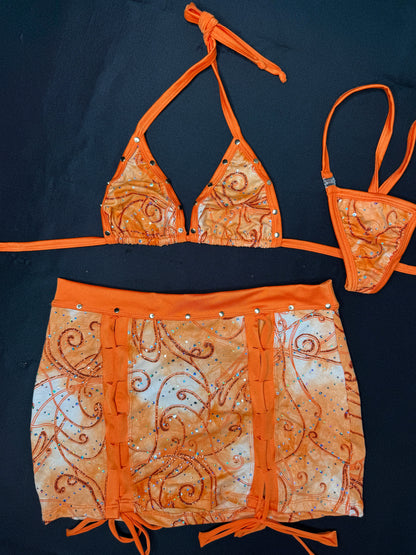 Orange Two-Piece Bikini Top/Skirt Lingerie Outfit