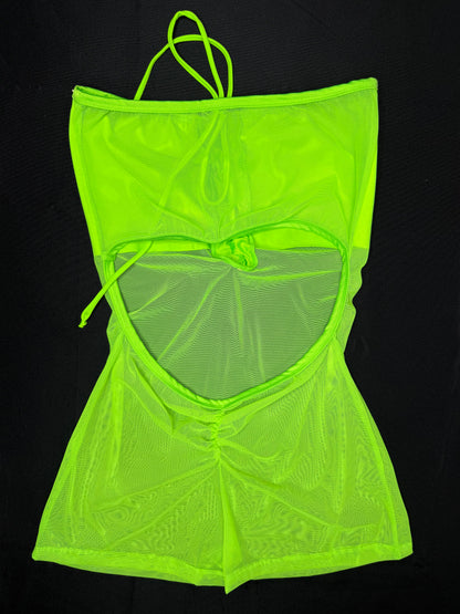 Neon Green Mesh Three-Piece Cheeky Thong/Sleeves Lingerie Outfit