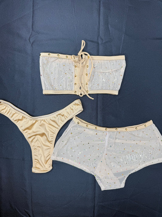 Gold Mesh Tube Top/Shorts Cheeky Thong Three Piece Lingerie Outfit