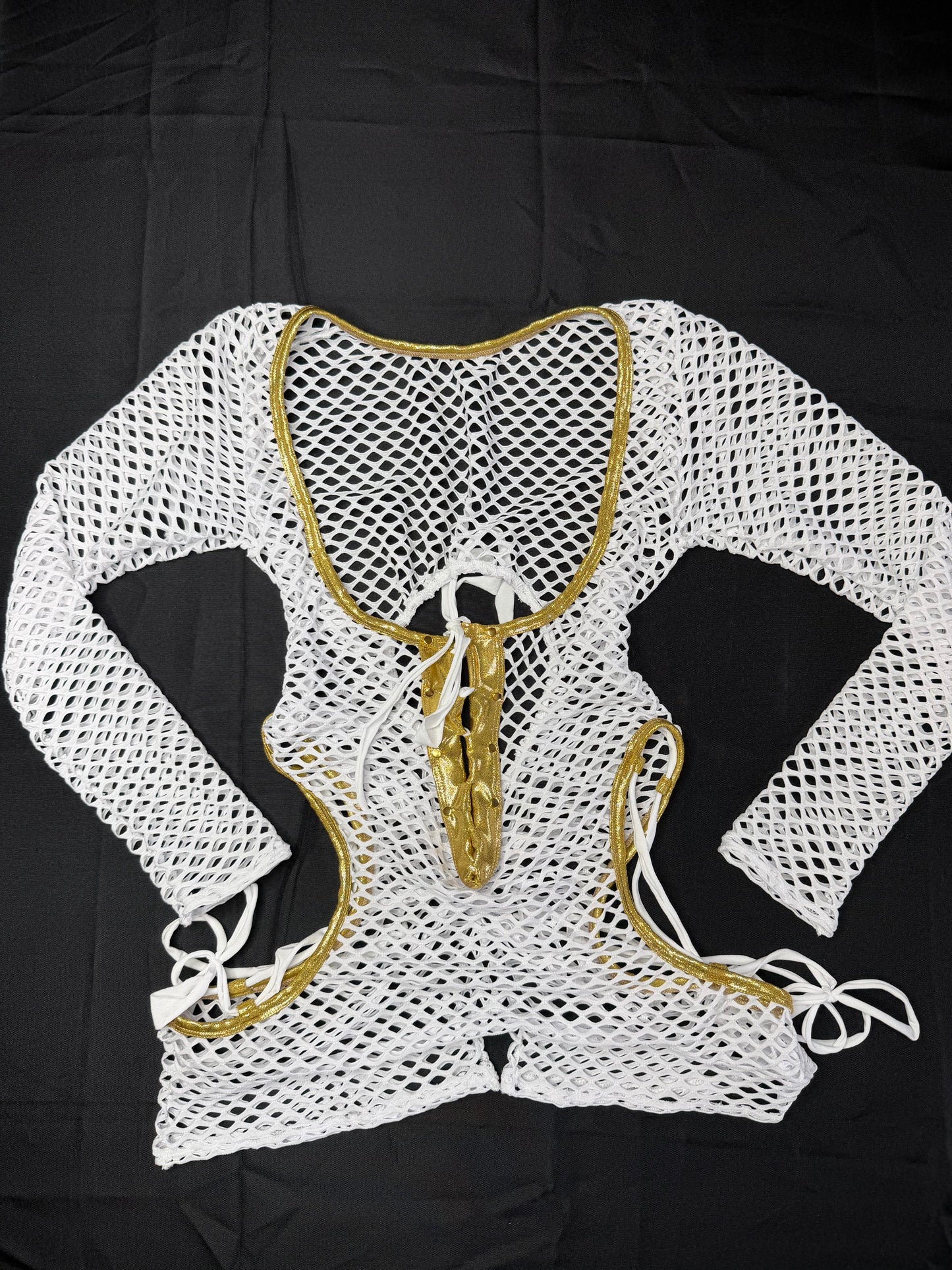 White/Gold Spandex Romper Lingerie Outfit