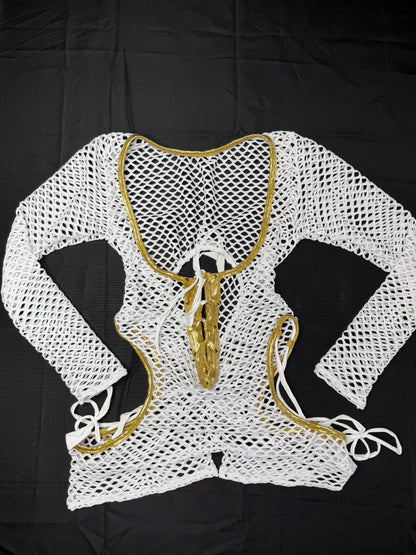 White/Gold Spandex Romper Lingerie Outfit