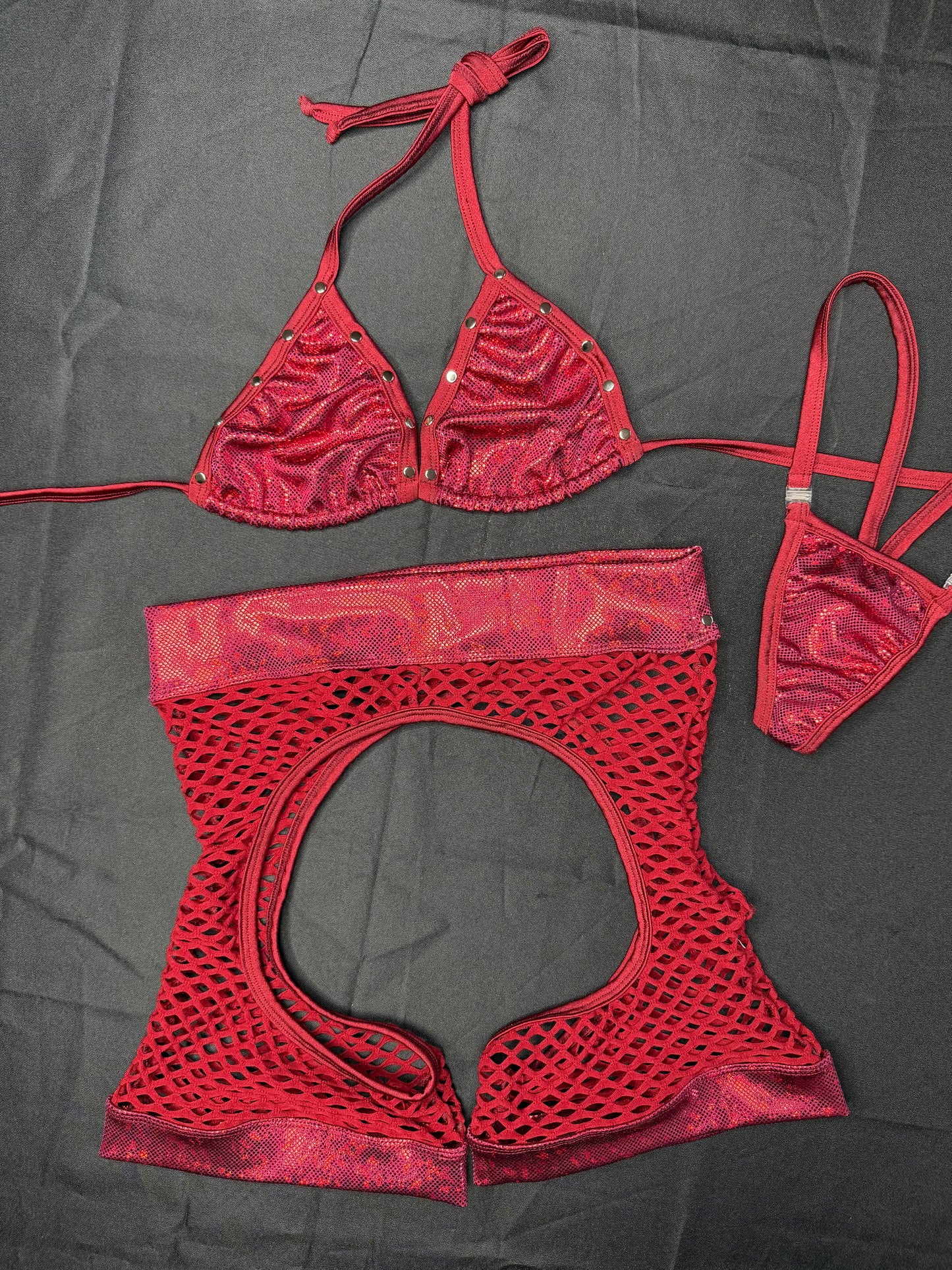 Burgundy Fishnet/Spandex Bikini Top/Chaps Shorts Lingerie Outfit