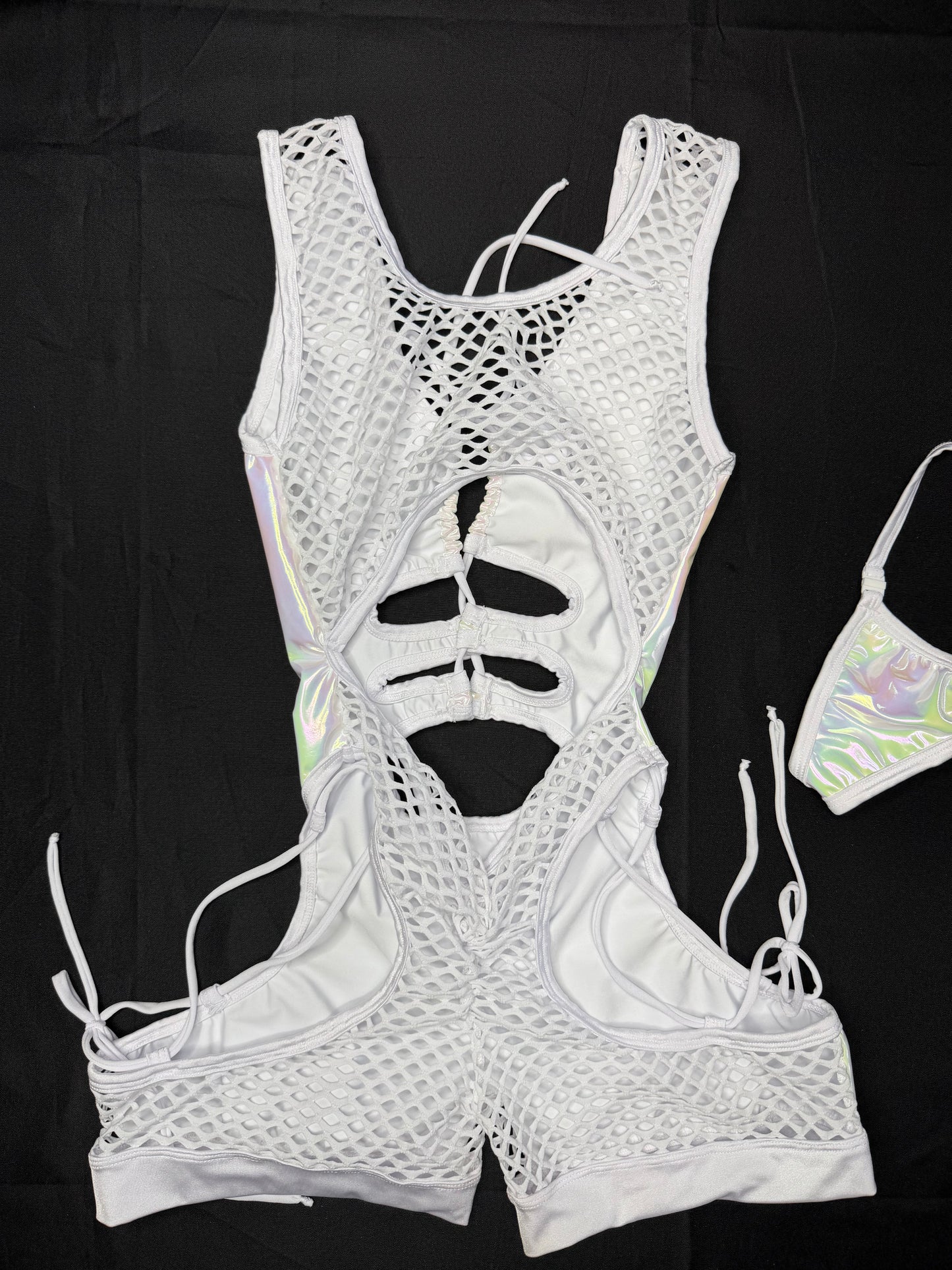 Chrome/White Designer Spandex/Latex Romper Lingerie Outfit