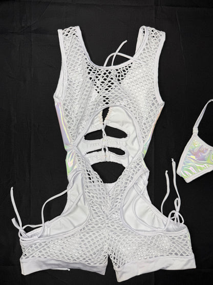 Chrome/White Designer Spandex/Latex Romper Lingerie Outfit
