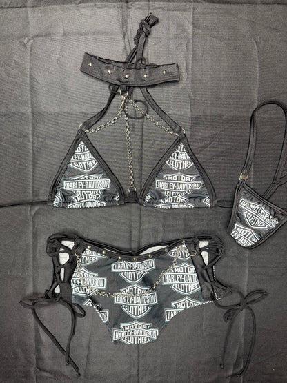 Black Harley Two-Piece With Choker Shorts Lingerie Outfit