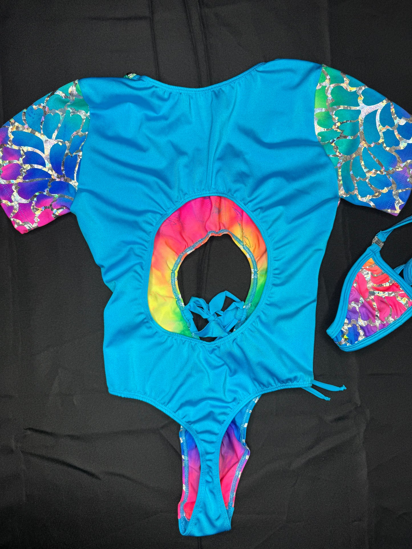 Sky Blue Rainbow Fish Animal Print One-Piece Leotard Lingerie Outfit