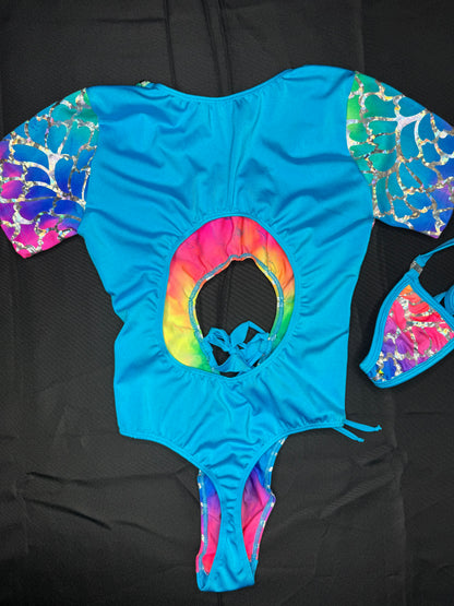 Sky Blue Rainbow Fish Animal Print One-Piece Leotard Lingerie Outfit