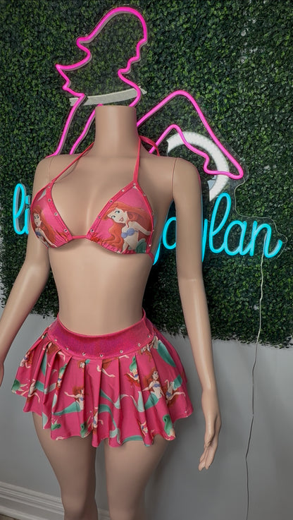 Ariel Print Spandex Bikini Top/Skirt Two-Piece Lingerie Outfit