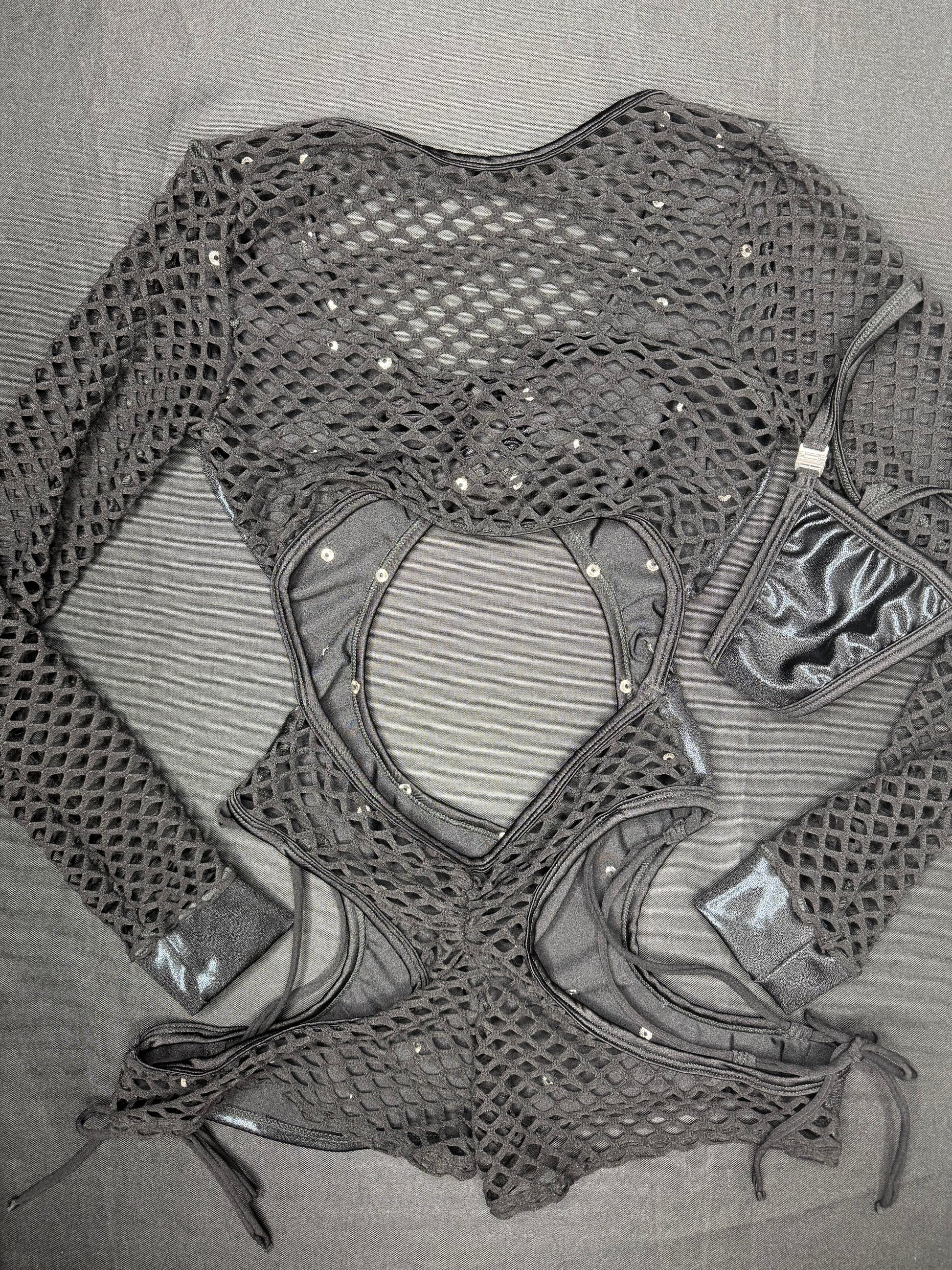 Metallic Black Spandex/Black Fishnet One-Piece Romper with Diamond Stu ...