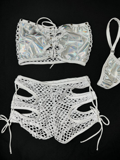Silver/White Two-Piece Tube Top/Fishnet Shorts Lingerie Outfit
