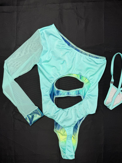 Cyan/Blue Spandex Single Sleeve Leotard Lingerie Outfit