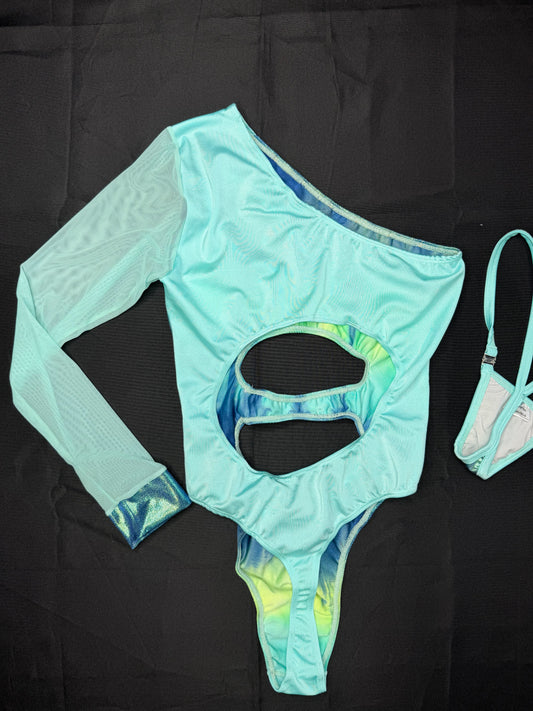 Cyan/Blue Spandex Single Sleeve Leotard Lingerie Outfit