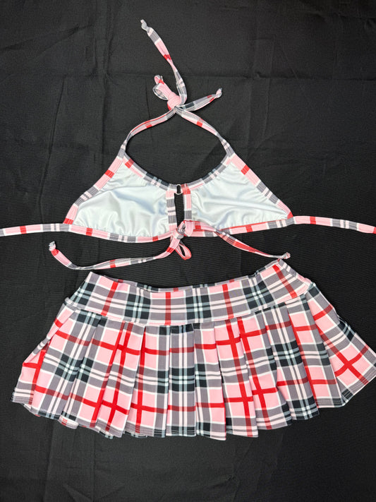 Baby Pink/White Plaid Bikini Top/Skirt/Tie School Girl Outfit