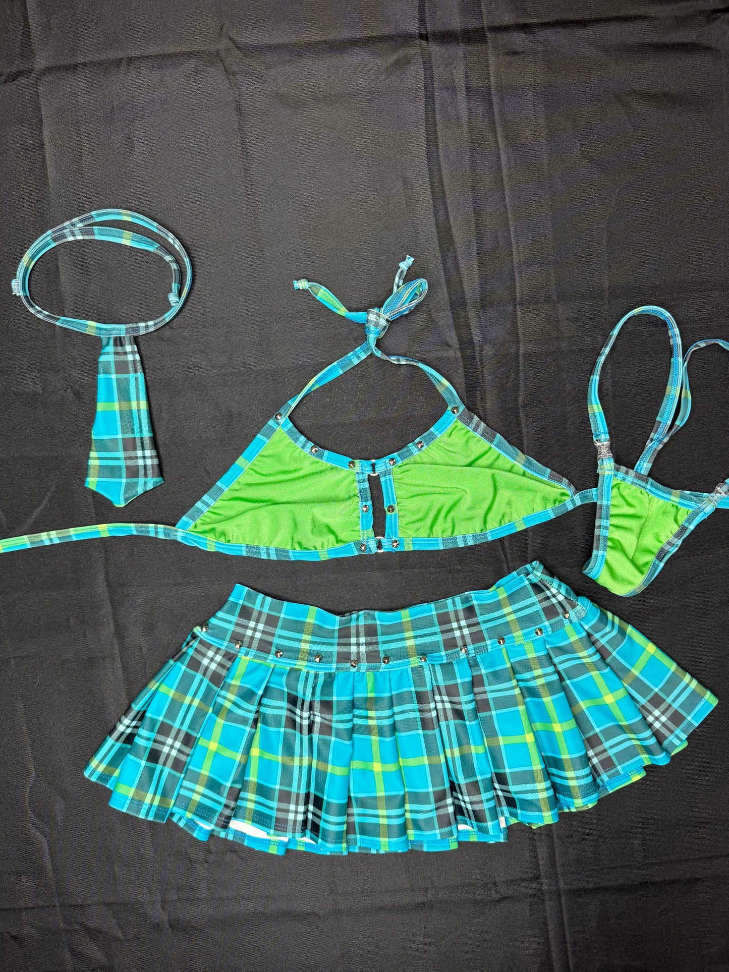 Teal/Black/Green Plaid Spandex Bikini Top Skirt with Tie Lingerie Outfit