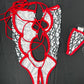 White Designer/Red Spandex One-Piece Lingerie Outfit